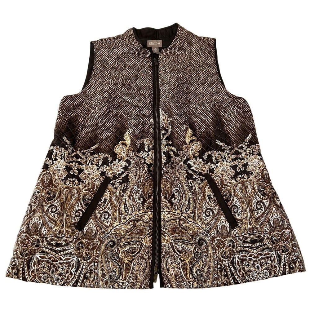 Chico's Women's Brown Paisley Mixed Print Quilted 2 Way Zip Vest Sz 1 Small Boho